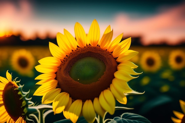 A sunflower in a field with a sunset in the background