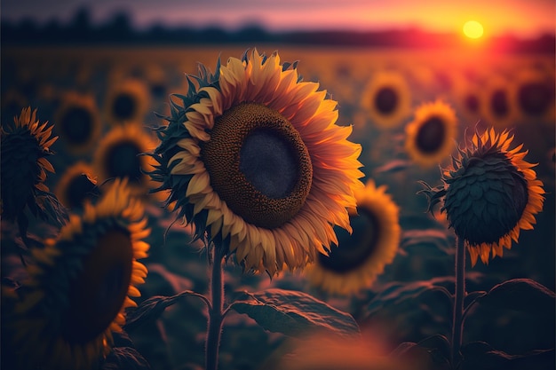 Sunflower fields background with sunset light in the background