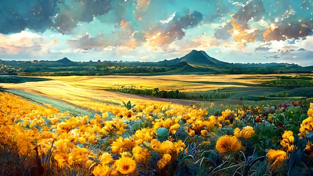 Sunflower fields contemporary art poetic scenery background oil canvas painting