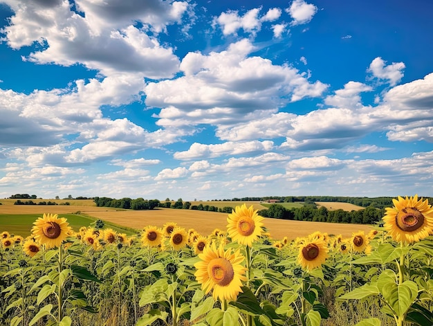 Sunflower fields and white clouds blue sky