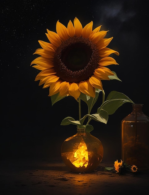 Sunflower flower on fire in a vase dark moonlit night scene in the background AI generated