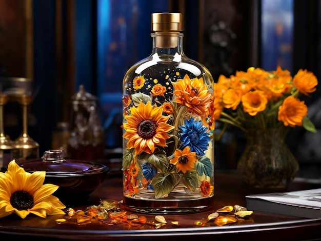 Sunflower in a glass bottle