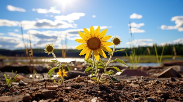 a sunflower growing out of dirt