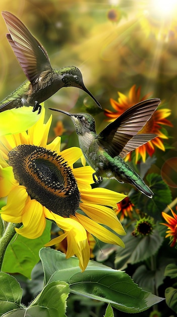 Photo sunflower hummingbird fly