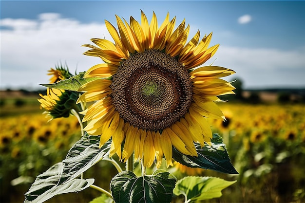 A sunflower is in a field with a blue sky in the background.