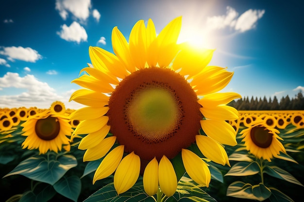 A sunflower is in a field with the sun shining on it.