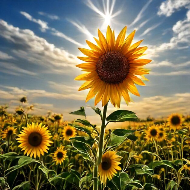 a sunflower is in a field with the sun shining through the clouds