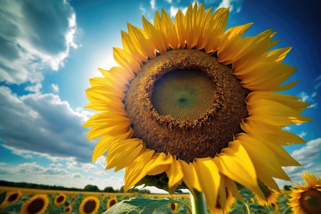 A sunflower is shown against a blue sky.