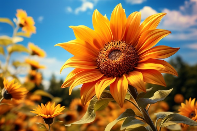 a sunflower is standing in a field of flowers high quality