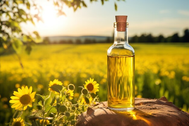 Sunflower oil bottle with sunflowers Natural organic product concept Copy space