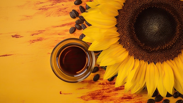 Sunflower oil in bottles with flowers of sunflower