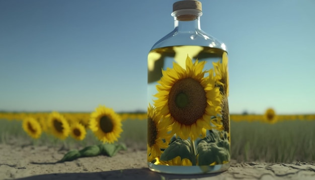 Sunflower oil in a transparent bottle Generative AI