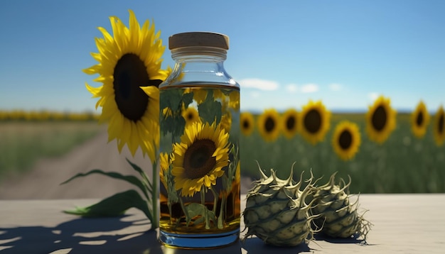 Sunflower oil in a transparent bottle Generative AI