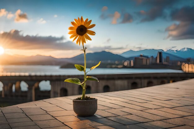 A sunflower on a patio with a city in the background