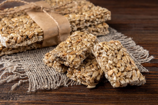 Sunflower seed kozinaki on the wooden table