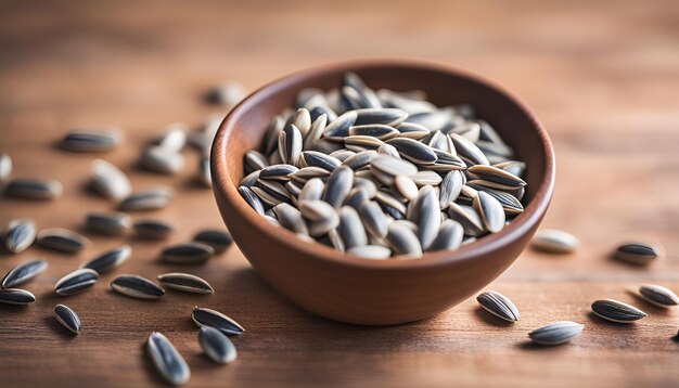 Sunflower seeds in the bowl over the wooden background