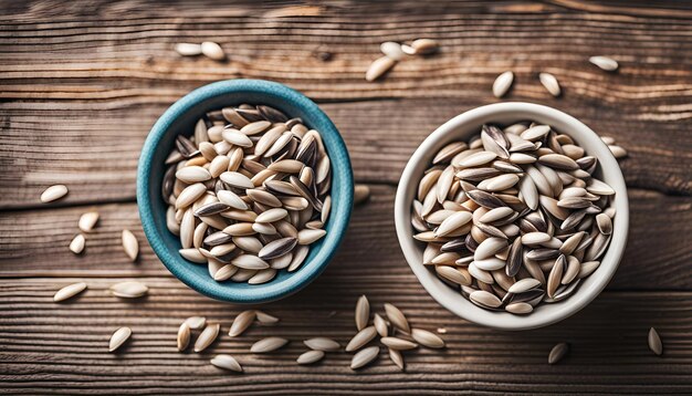 Sunflower seeds in the bowl over the wooden background