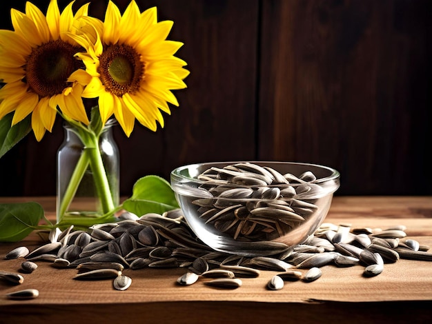 Sunflower seeds in glass bowl on wooden background