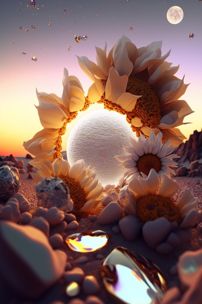 Sunflower sitting on top of a pile of rocks generative ai