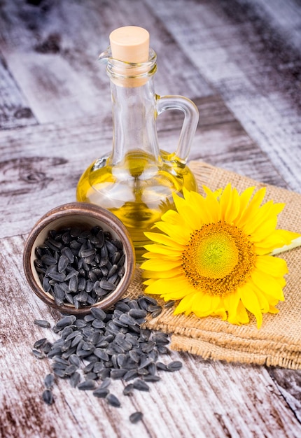 Sunflower sunflower oil and sunflower seeds background