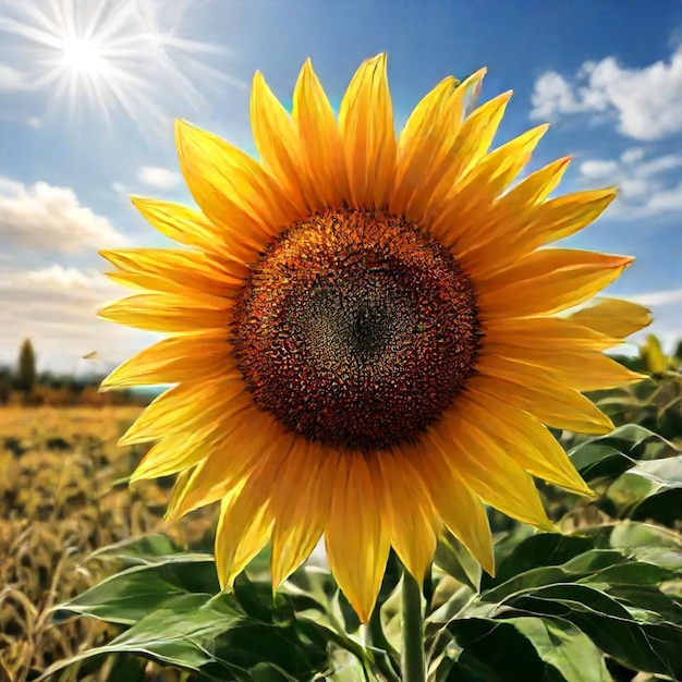 a sunflower with a blue sky and the sun behind it