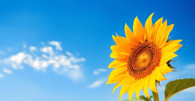 Sunflower with bright yellow petals grows in farming field in spring or summer season on clear blue sky background