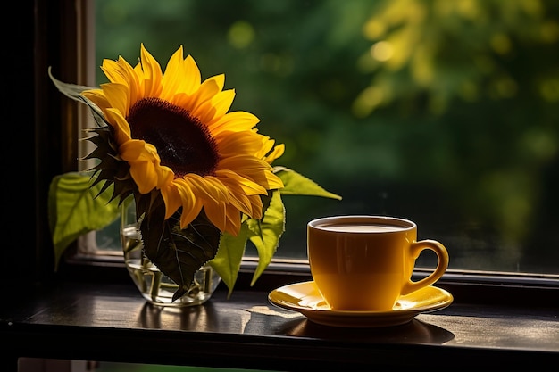 Sunflower with a cup of coffee or tea