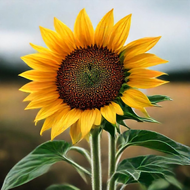 a sunflower with a field of yellow and green leaves