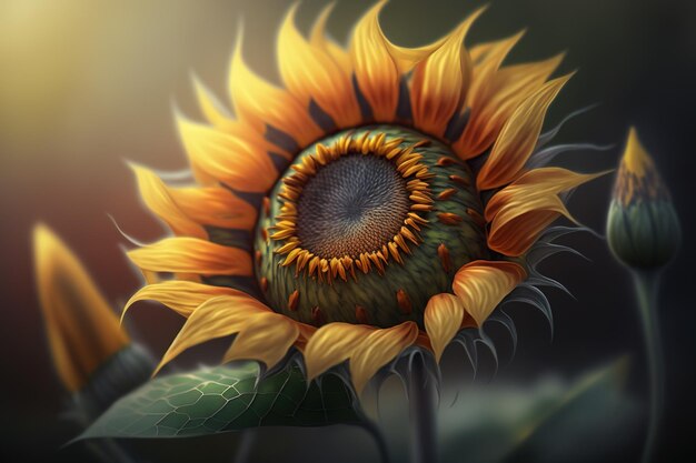 A sunflower with a green eye and a yellow center.