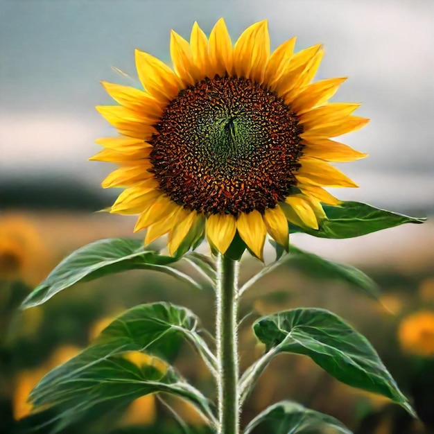 a sunflower with a green leaf and a cloudy sky in the background