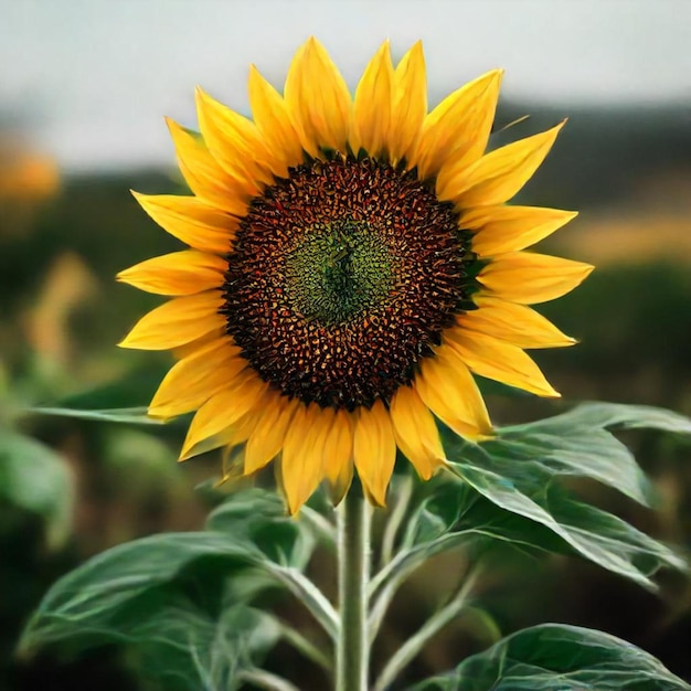 a sunflower with a green stem and a large green leaf