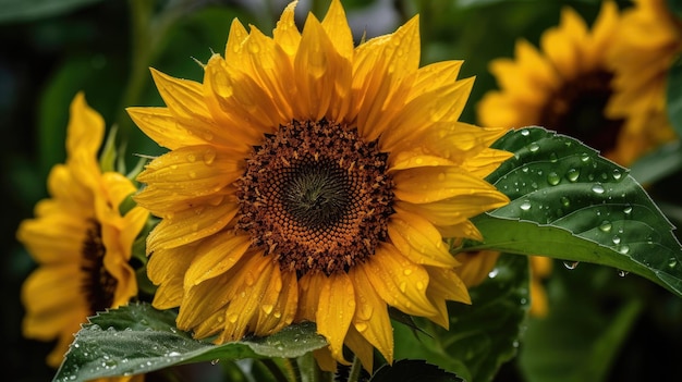 A sunflower with the rain drops on it