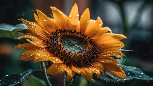 A sunflower with rain drops on it