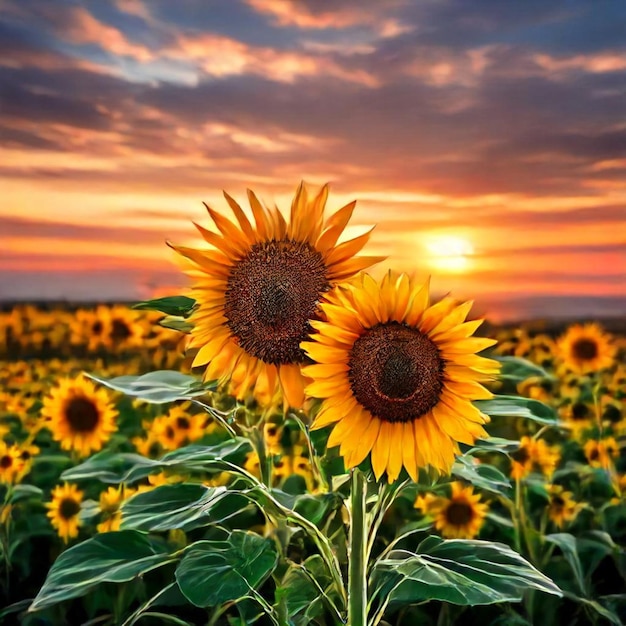 a sunflower with the sun setting behind it