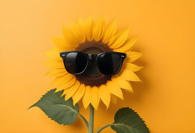 a sunflower with sunglasses on it is in front of a yellow background