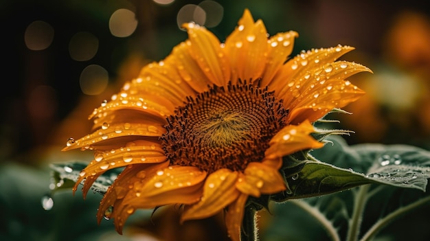 A sunflower with water droplets on it