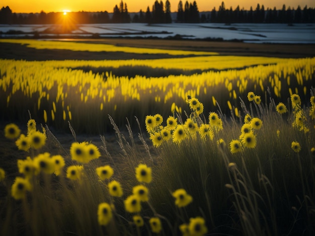 Sunflower yellow flower meadow green landscape vibrant sunset over land in morning