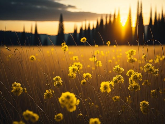 Sunflower yellow flower meadow green landscape vibrant sunset over land in morning