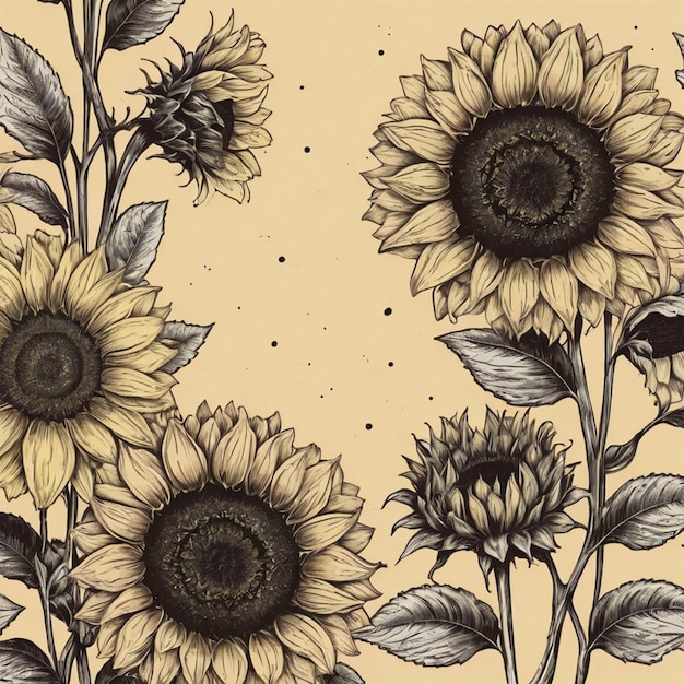 Photo sunflowers are drawn on a beige background