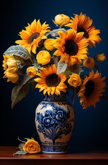 Sunflowers in a Blue Vase Against a Blue Background Ai Generated Images