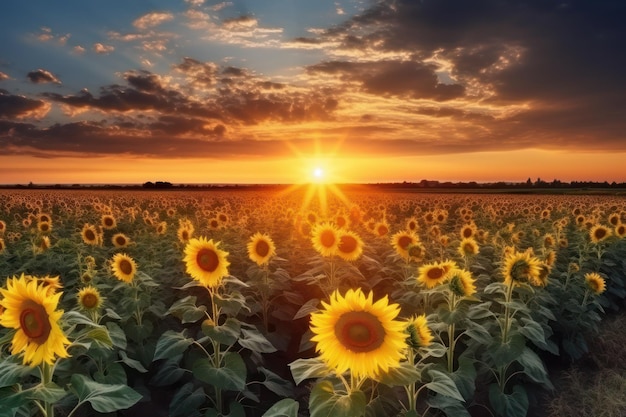 Sunflowers in a field at sunset