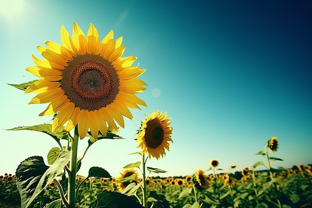 Sunflowers in a field with a blue sky in the background