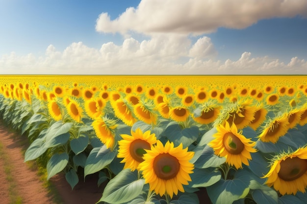 Sunflowers in a field with a blue sky in the background