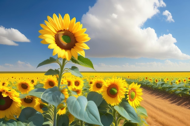 Sunflowers in a field with a blue sky in the background