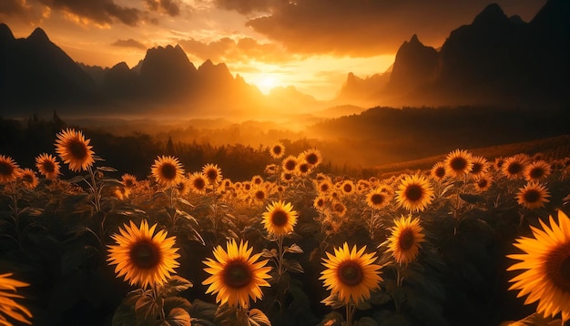 Sunflowers in a field with mountains in the background