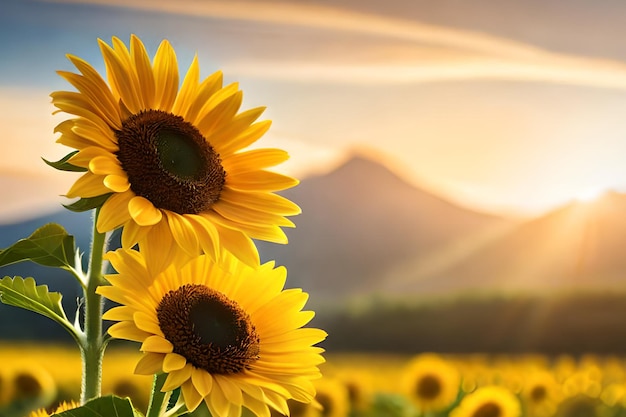 Sunflowers in a field with mountains in the background