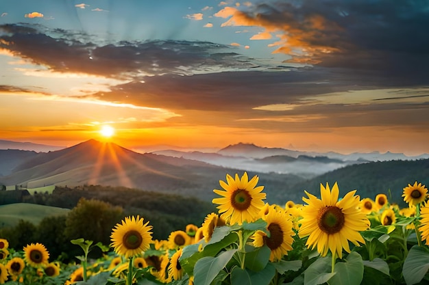 Sunflowers in a field with the sun setting behind them