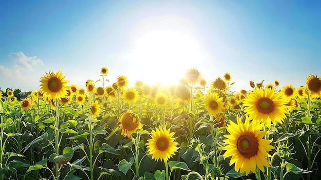 sunflowers in a field with the sun behind them