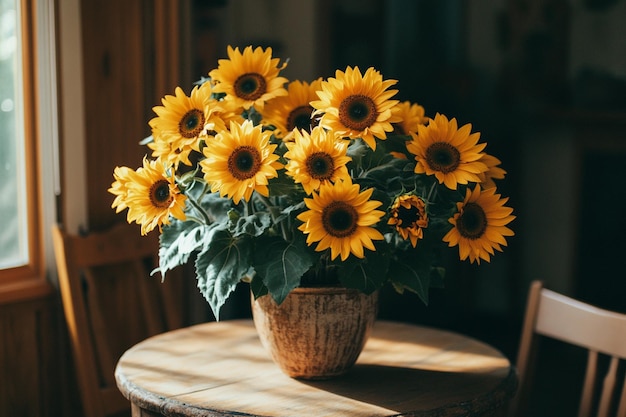 Sunflowers in a rustic vase on a small round kitchen table