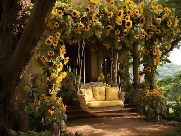 Sunflowers towering over a secret garden swing